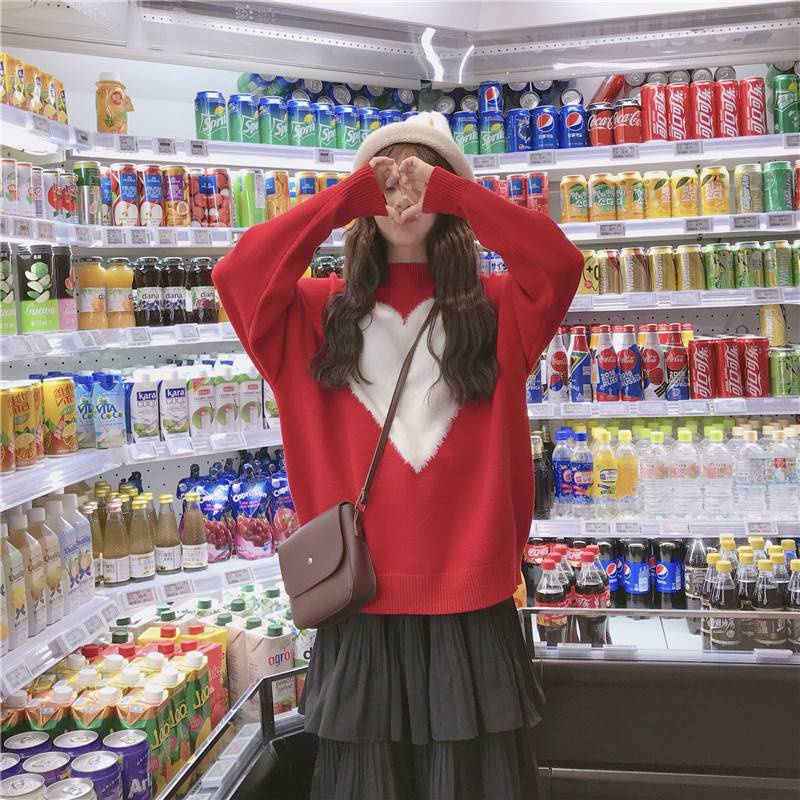 Áo Sweater Dệt Kim Dáng Rộng In Hình Trái Tim Phong Cách Thời Trang Mới Cho Nữ