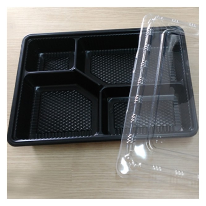 10 Hộp nhựa cơm kèm nắp 4 ngăn một lần, kim chi , bánh phối đế đen HT25 - Plastic box