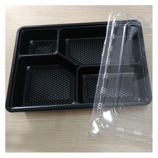 10 Hộp nhựa cơm  kèm nắp 4 ngăn một lần, kim chi , bánh phối đế đen HT25 - Plastic box