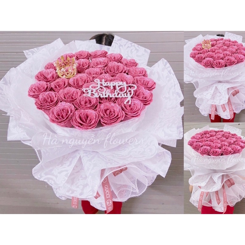 Hoa sinh nhật-hoa kỉ niệm: Bó hoa hồng nhũ 30 bông cao cấp tăng kèm chữ và vương miệng( nhận đặt màu hoa theo yêu cầu