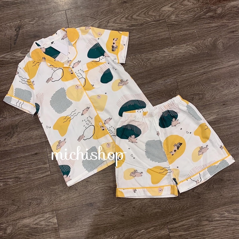 Set pyjama đũi ngắn họa tiết - 79A05