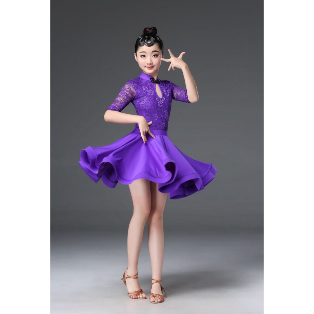 Sale 69% BỘ Đầm xoè tay ngắn hở lưng cho nữ dùng khi nhảy những vũ điệu latin, Purple,140cm Giá gốc 350000đ- 114B57