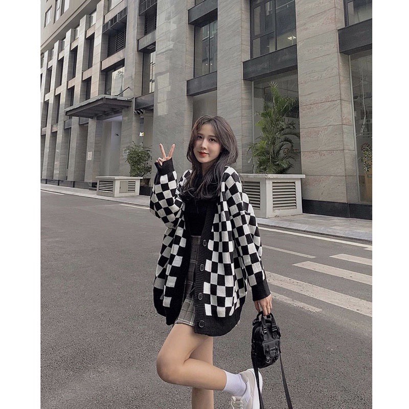 Áo cardigan nữ hàn quốc phối họa tiết bàn cờ đen trắng form rộng tay dài một hàng cúc 1st_clothes | WebRaoVat - webraovat.net.vn