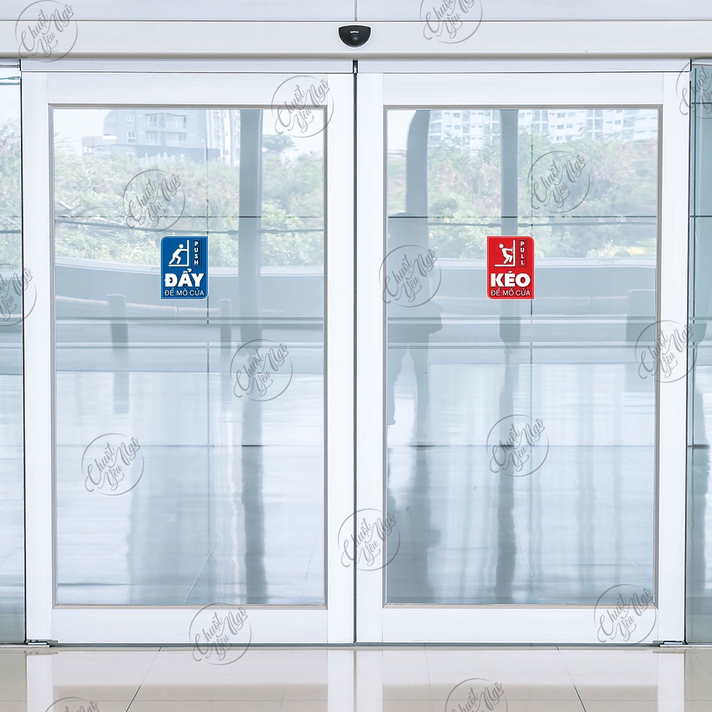 2 miếng decal dán cửa kính kéo đẩy mở cửa tự động PULL PUSH chất liệu dầy chống thấm nước XANH ĐỎ