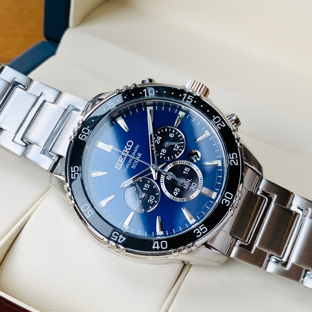 Đồng hồ Nam chính hãng Seiko Chronograph Solar SSC445P1 Mặt xanh,Lịch-Năng lượng ánh sáng-Dây kim loại cao cấp-Size 43mm