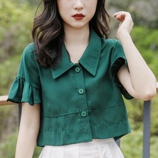 Áo sơ mi xanh ngắn ống tay loe cổ polo