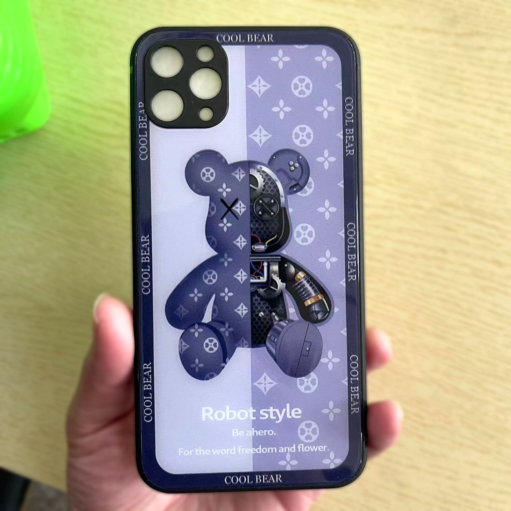 Ốp điện thoại mặt kính in hình gấu hai màu thích hợp cho iPhone 12 13 11 Pro Max X XS Max XR 7 8 Plus