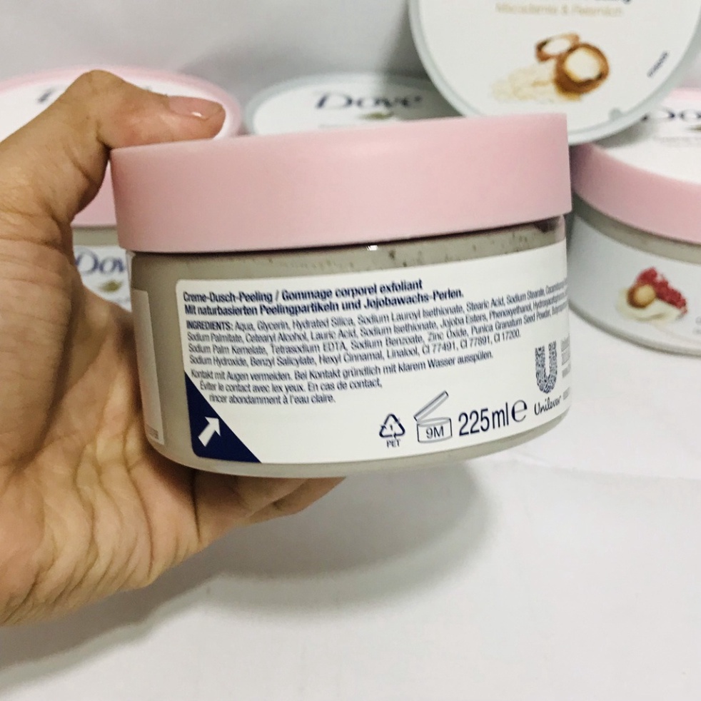 Tẩy da chết body DOVE Mỹ, Đức Macca Lựu đỏ giúp da mịn màng chiết xuất từ thiên nhiên 225G