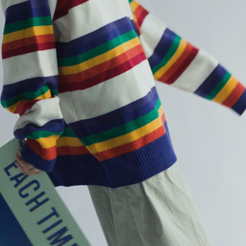 ✦AFFLIGA✦ Áo Sweater Cổ Tròn Dáng Rộng Kẻ Sọc Cầu Vồng Kiểu Retro Hàn Quốc Cá Tính Cho Nam