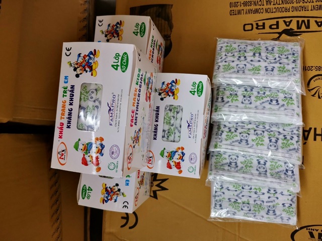 Khẩu trang trẻ em, Khẩu trang y tế trẻ em 4 lớp famapro họa tiết - hộp 50c