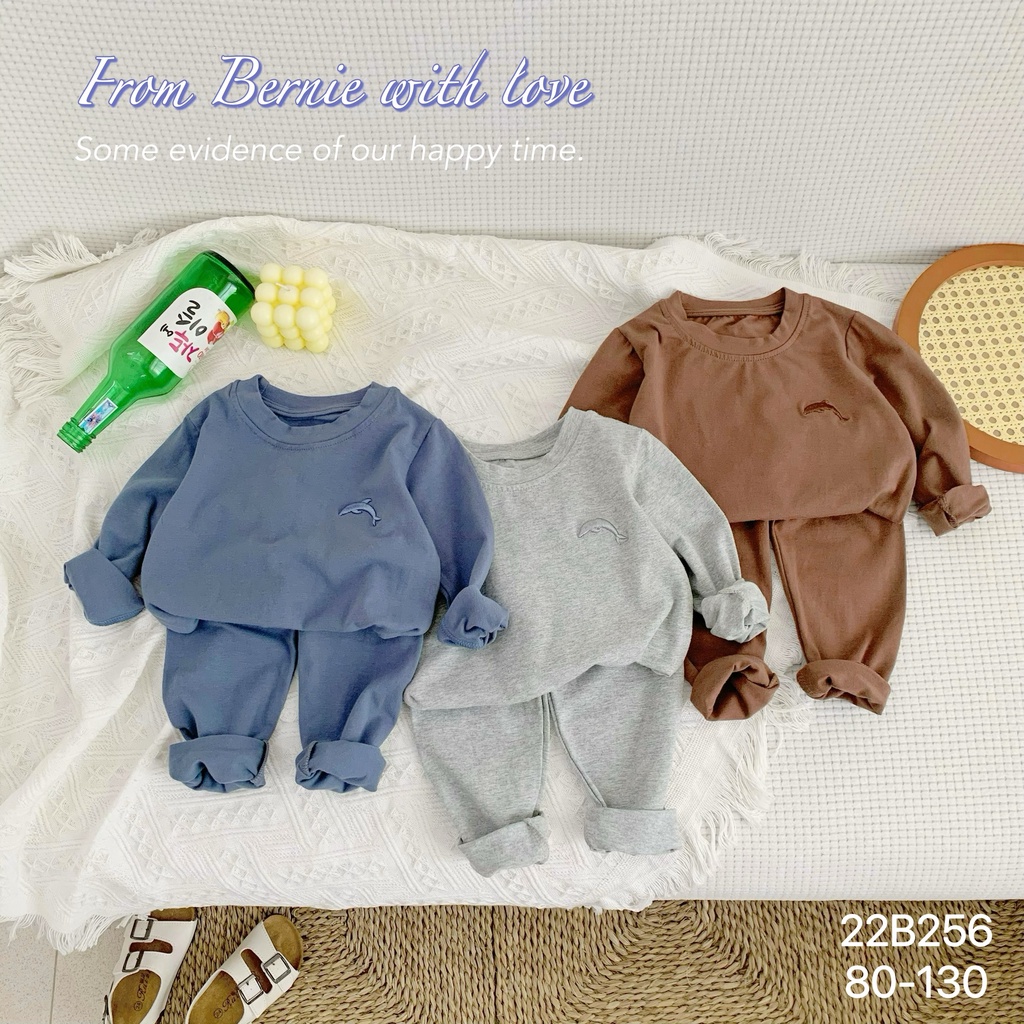 Bộ cotton unisex dài tay cho bé, bộ thun tay dài trơn thêu hoạ tiết cá màu Bernie