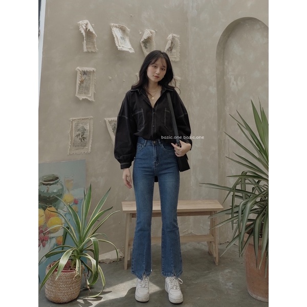 Quần jeans loe co giãn xẻ gấu Bazic one