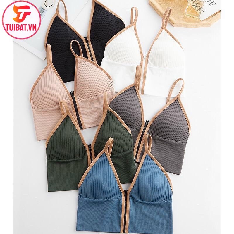 Áo Bra 2 dây gân tăm khóa kéo trước ngực sexy cổ chữ V Croptop Cotton đẹp tập thể thao Gym Yoga có mút mỏng tôn vòng 1