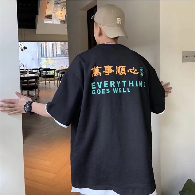 Áo Thun Mùa Hè Dáng Rộng Tay Cộc Cổ Tròn In Chữ Phong Cách Hip Hop Đường Phố Cỡ Lớn M-5XL Cho Nam