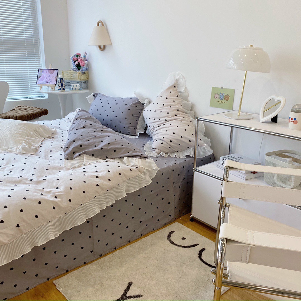 Bộ chăn ga gối Cotton 100% viền bèo - Tim Đen