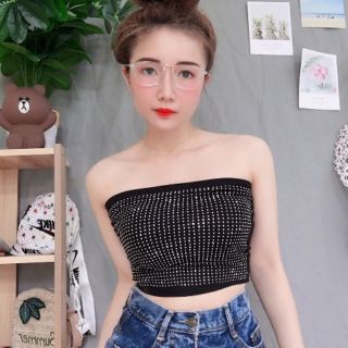 (Có ảnh khách mặc) Áo ống có mút ngực đính đá kim sa thun mềm mịn