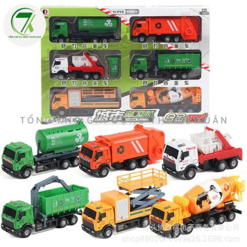 Đồ chơi mô hình xe ô tô môi trường, xe chở rác, xe chở nước, hộp 6 xe ô tô cho bé sáng tạo