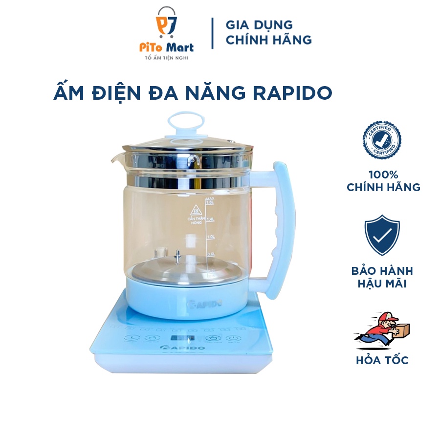 Ấm siêu tốc thuỷ tinh, Bình siêu tốc đa năng cảm biến nhiệt độ Rapido RMK0818-S2 1,8L - Hàng chính hãng