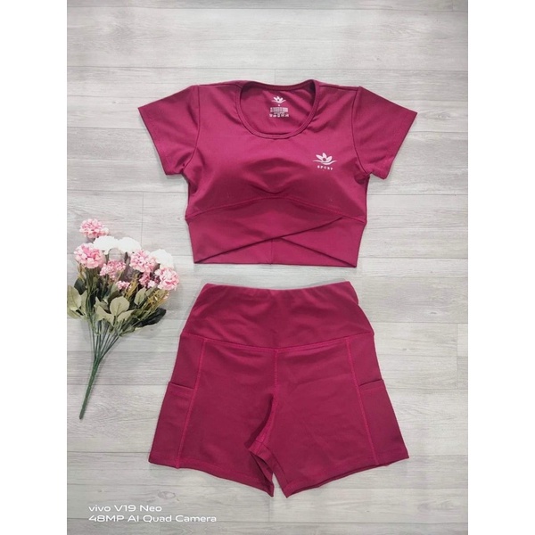 Bộ tập gym nữ, đồ tập yoga erobic nữ áo xoắn bụng có mút quần đùi có túi chất đẹp thoáng mát