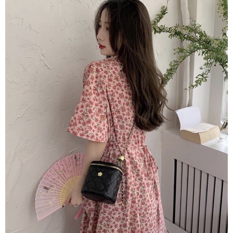 Đầm MiDi Hoa Nhí Phối Túi Form Rộng Rút Eo, Xinh Xắn Tiểu Thư