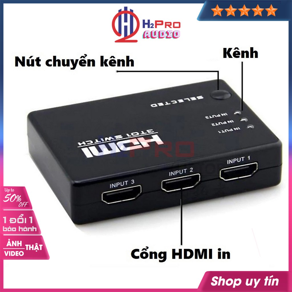 Bộ gộp HDMI 3 vào 1 ra, hdmi 3 in 1 out cao cấp, chất lượng cao 2K-4K, có điều khiển, tặng dây IR hồng ngoại-H2pro tech