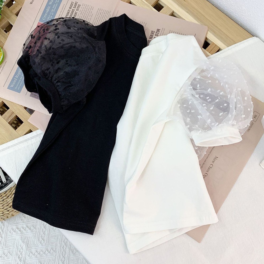 Áo Thun Tay Ngắn Phồng Phối Lưới Họa Tiết Chấm Bi Dễ Thương Thời Trang Mùa Hè Cho Bé Gái