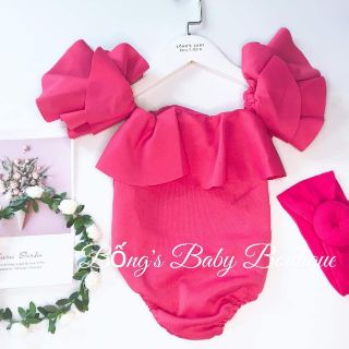 Bộ áo liền thân bodysuit tay bèo hồng tiểu thư