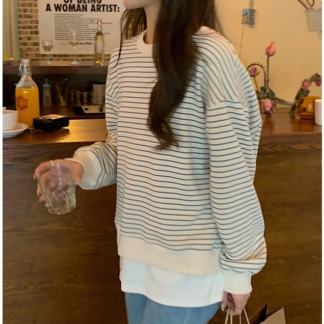 Áo Nỉ Cổ Tròn Form Rộng Họa Tiết Kẻ Sọc Thời Trang Mùa Thu