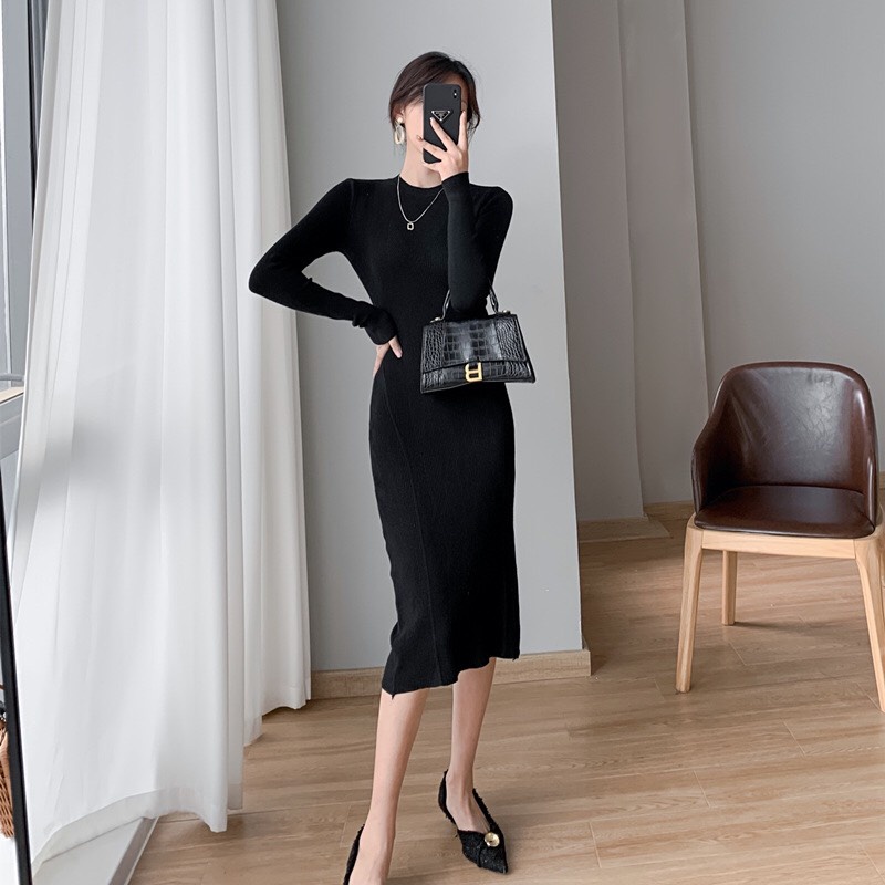 Váy đầm ôm dài tay, sexy, cổ tròn có xỉa tà hai bên, dáng váy dài dễ thương, sang chảnh, dễ mặc, năng động | BigBuy360 - bigbuy360.vn