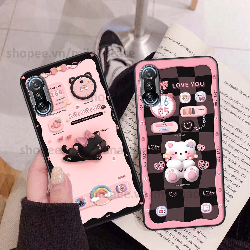 Ốp Xiaomi Redmi K40 / Redmi K40 Pro hình đồng hồ icon gấu mèo cute cực dễ thương ngộ nghĩnh