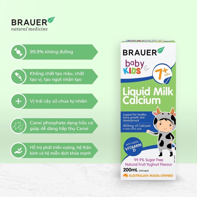 Siro Canxi Brauer Liquid Milk Calcium 200ml cho trẻ 7 tháng trở lên