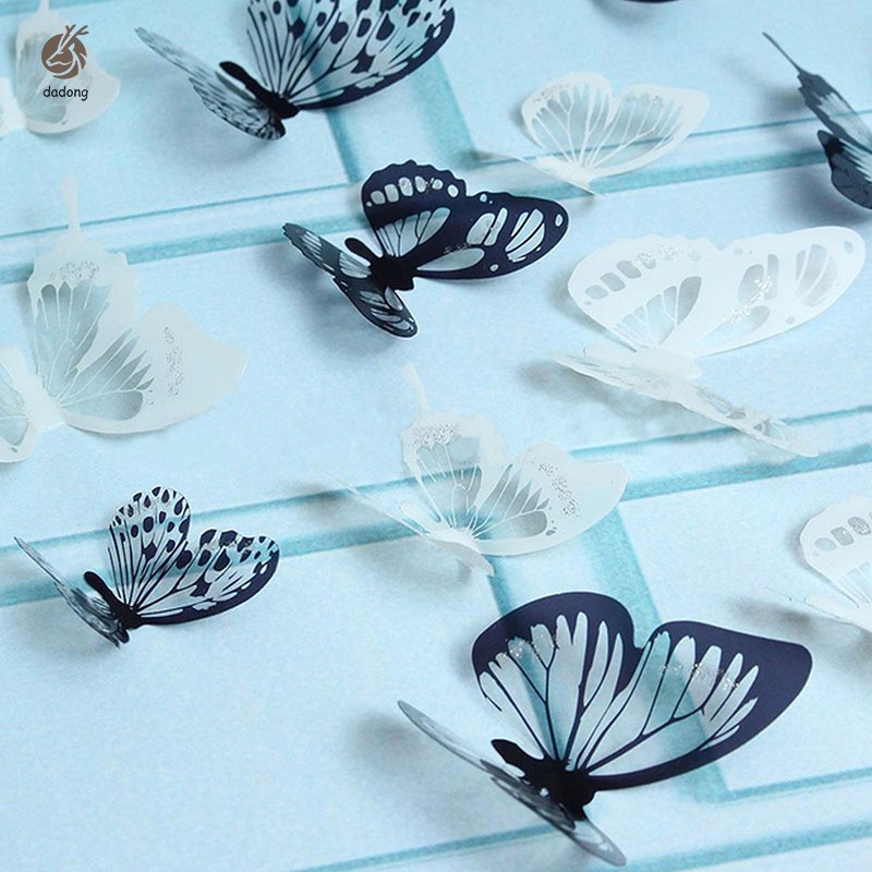 Set 18 sticker dán tường hình con bướm 3D màu đen trắng dùng trang trí phòng