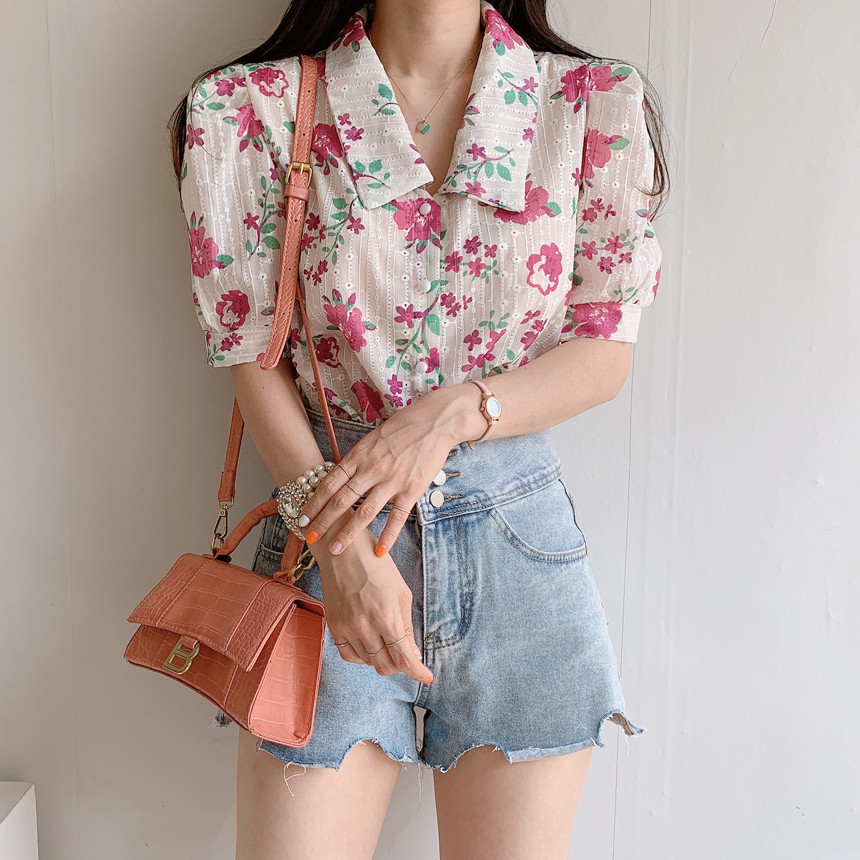 Áo Sơ Mi Nữ Tay Ngắn Thêu Hoa Phong Cách Retro Hàn Quốc