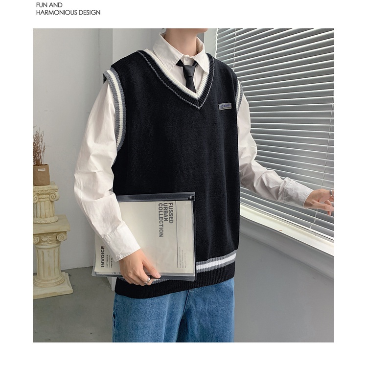 Áo sweater nam len cổ V không tay form rộng thời trang học sinh hàn quốc áo len mặc ngoài dáng unisex đi học đi chơi | BigBuy360 - bigbuy360.vn