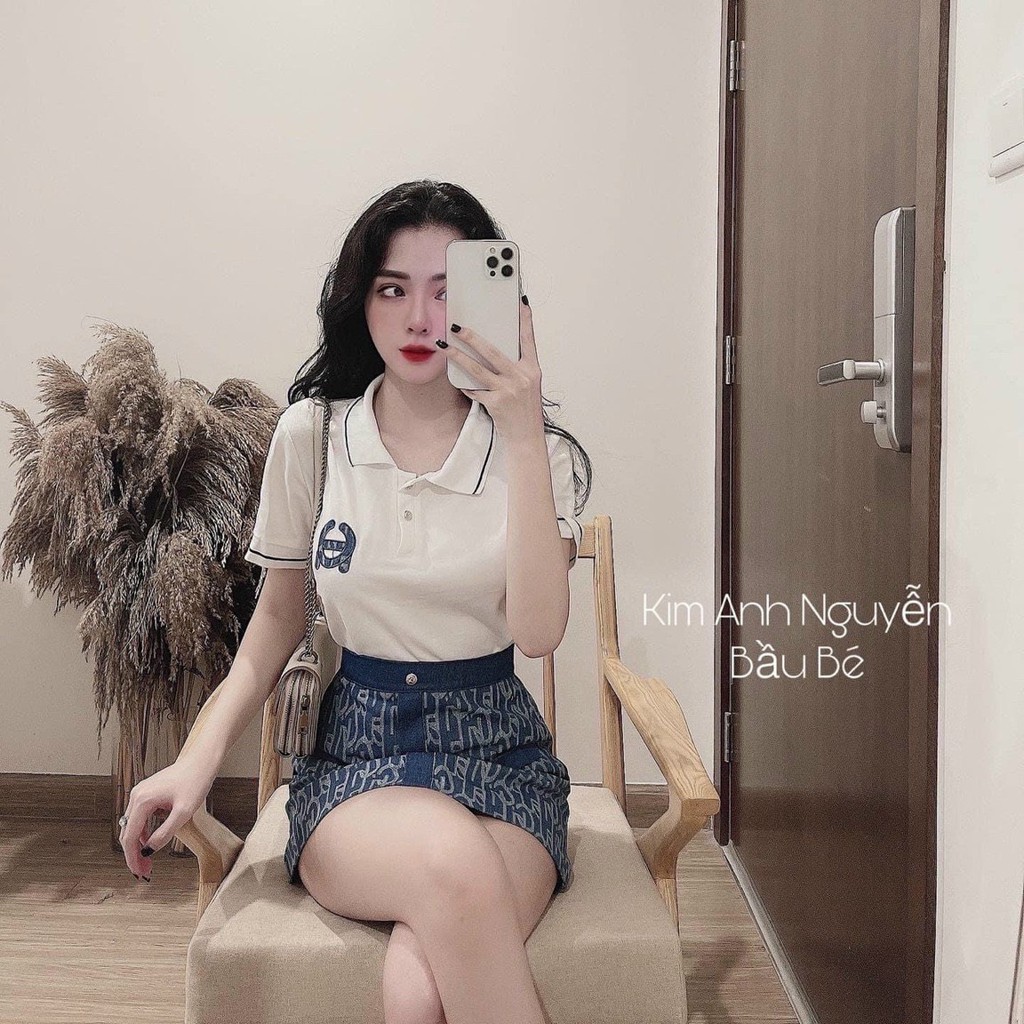 Set áo sơ mi cổ tàu chất cotton mix chân váy bò thô cúc ngọc OGT001