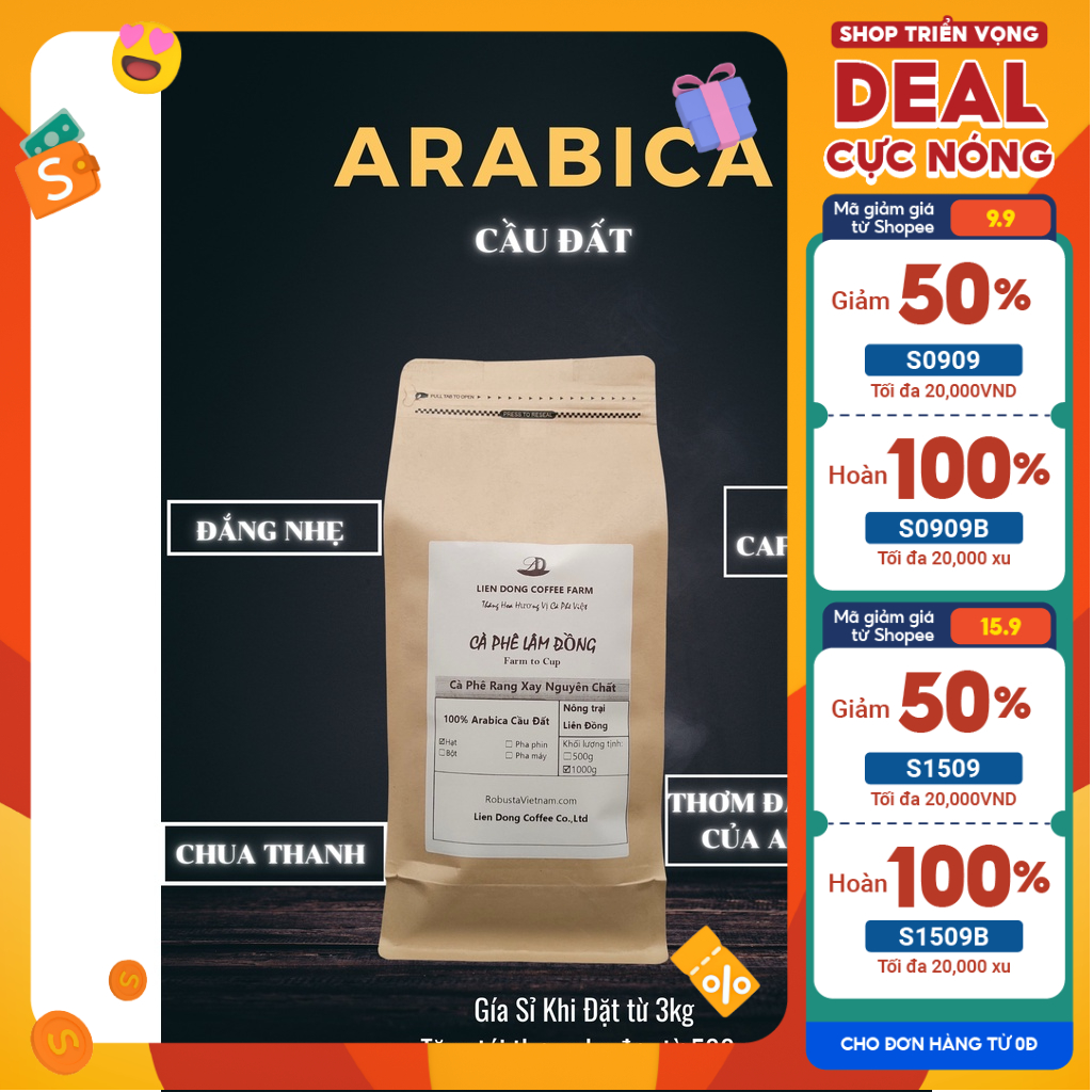Cà phê Arabica Cầu Đất rang mộc, thơm đặc trưng, chua nhẹ, cà phê pha phin,Coldbrew hoặc pha máy Lien Dong Coffee Farm