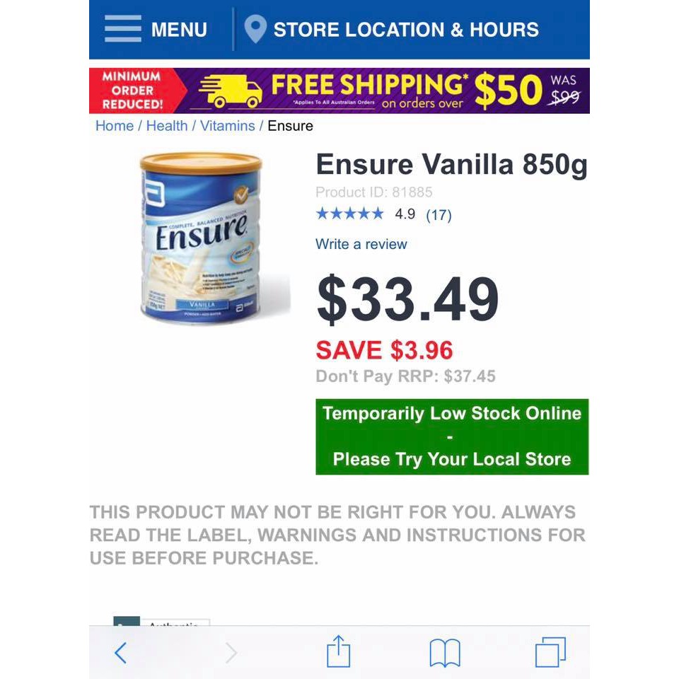 Sữa bột Ensure Úc vị Vanilla 850g