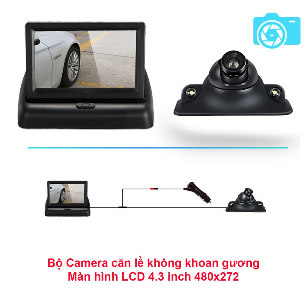 Bộ camera cặp lề không cần khoan gương và màn hình LCD 4.3 inch gập gọn, 800x480, chống nước, rõ nét ngày cũng như đêm