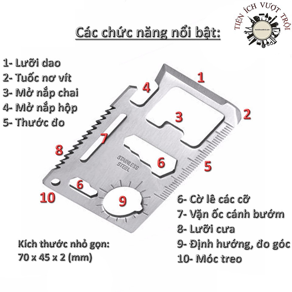 Tấm thép đa năng 11 tác dụng, công cụ sinh tồn khi du lịch, hoạt động ngoài trời, phượt, thẻ -Tiện Ích Vượt Trội