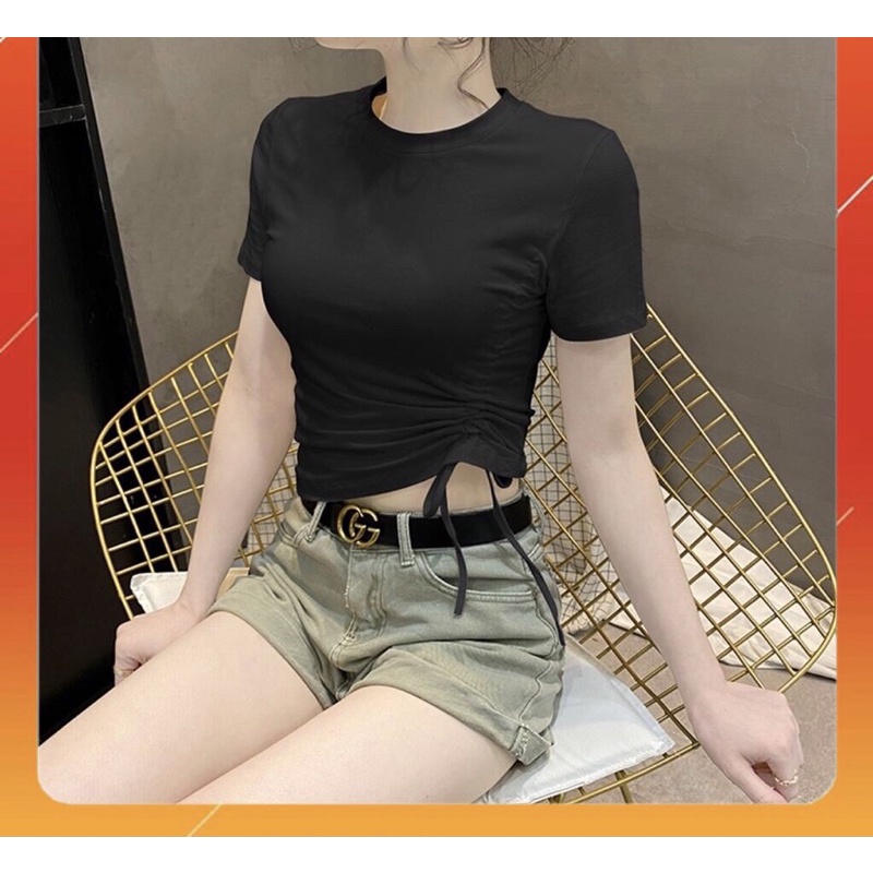 [Hình thật +video] Áo thun crotop rút dây 1 bên, chất thun gân ulzzang