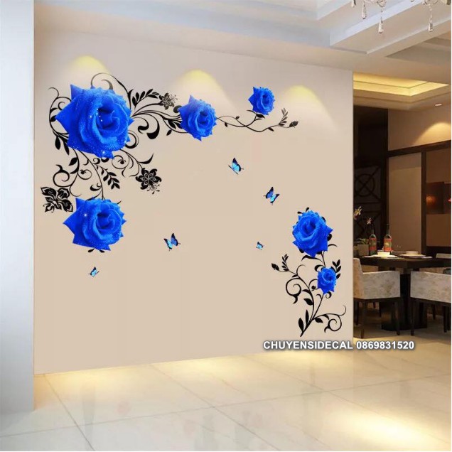 Decal dán tường - Hoa Hồng Xanh 3D ( 2 tấm )