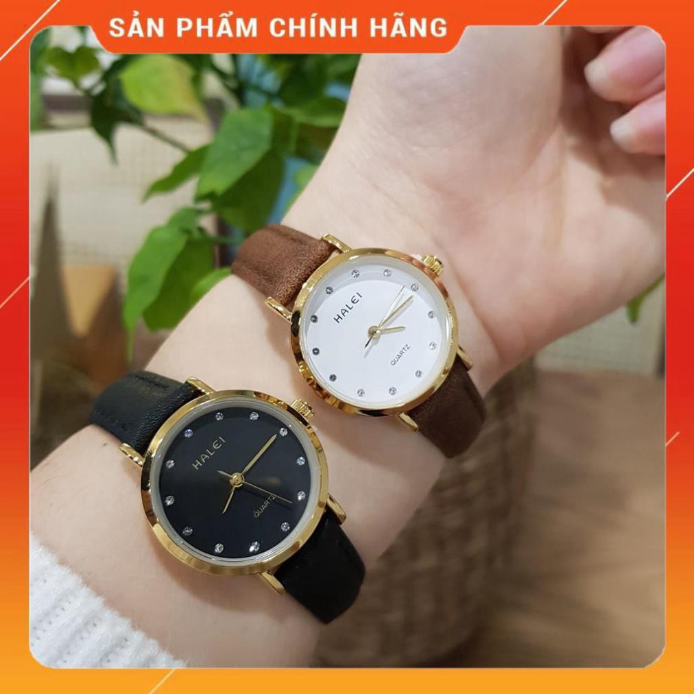 Hot!!! Đồng hồ cặp đôi nam nữ Halei dây da đen mặt ngọc chính hãng Shop giá re