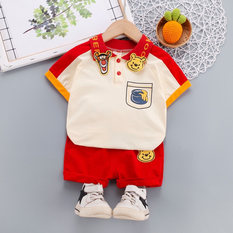 Bộ đồ 2 món gồm áo thun polo tay ngắn họa tiết hoạt hình có ve áo + quần dành cho bé từ 0-5 tuổi