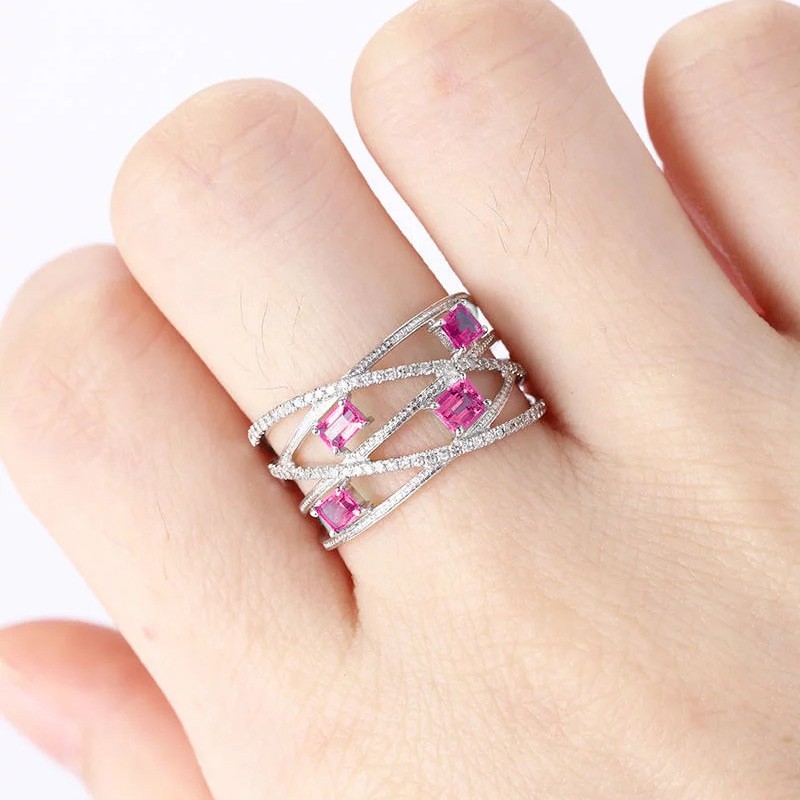 Nhẫn bạc đính đá zircon màu đỏ hồng/xanh lá cây đơn giản xinh xắn dành cho nữ