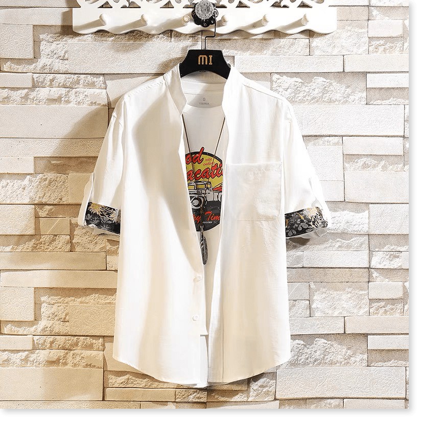 ÁO SƠ MI NAM CỔ TÀU  TAY LỠ PHỐI VIỀN TAY THỔ CẨM ĐẸP TINH TẾ