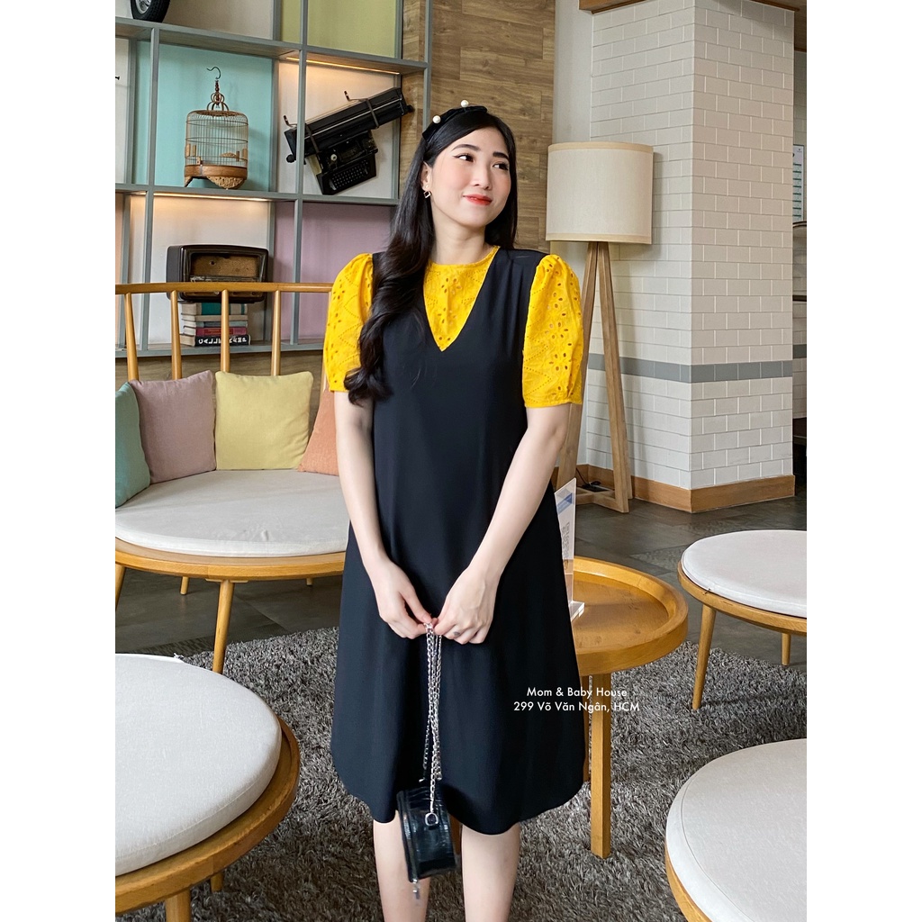 Đầm bầu đen suông tay ren thêu phồng