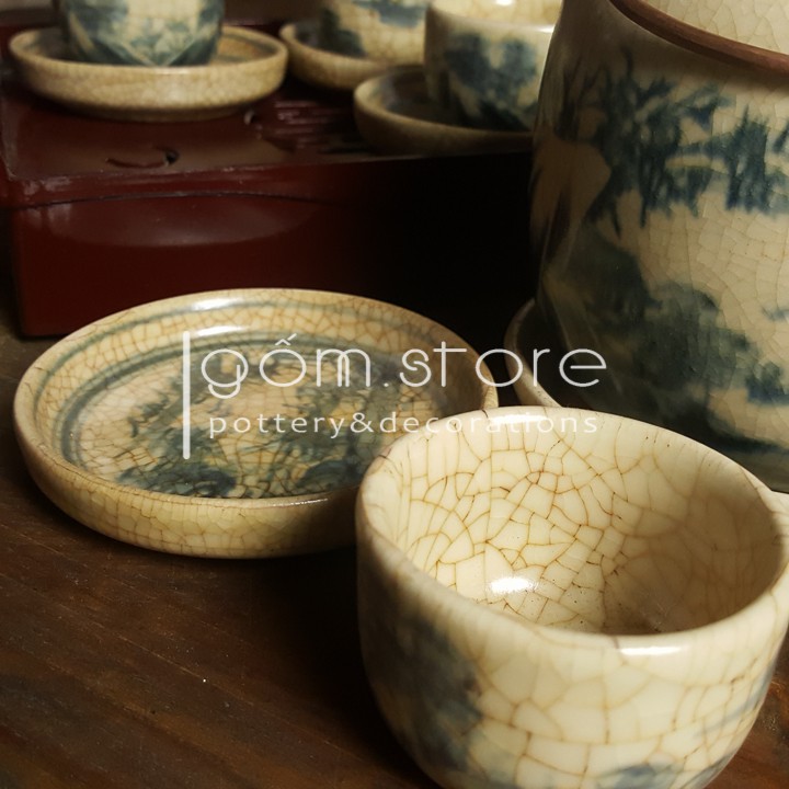 Ấm chén Bát Tràng men giả cổ dáng vại vẽ sơn thủy
