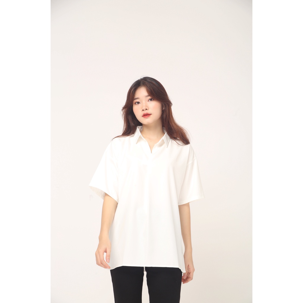 Áo SƠ MI CỔ CHUI Basic trơn unisex nam nữ tay ngắn form rộng style