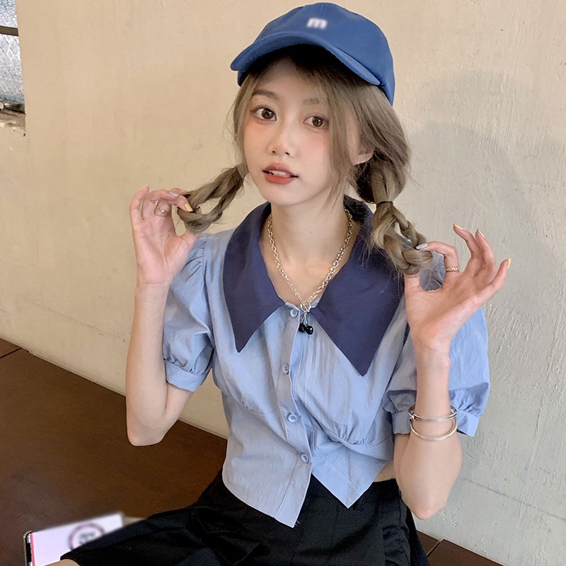 Áo Thun Crop Top Tay Ngắn Phồng Một Hàng Nút Cổ Bẻ Màu Sắc Ngọt Ngào Phong Cách Hàn Quốc Cho Nữ