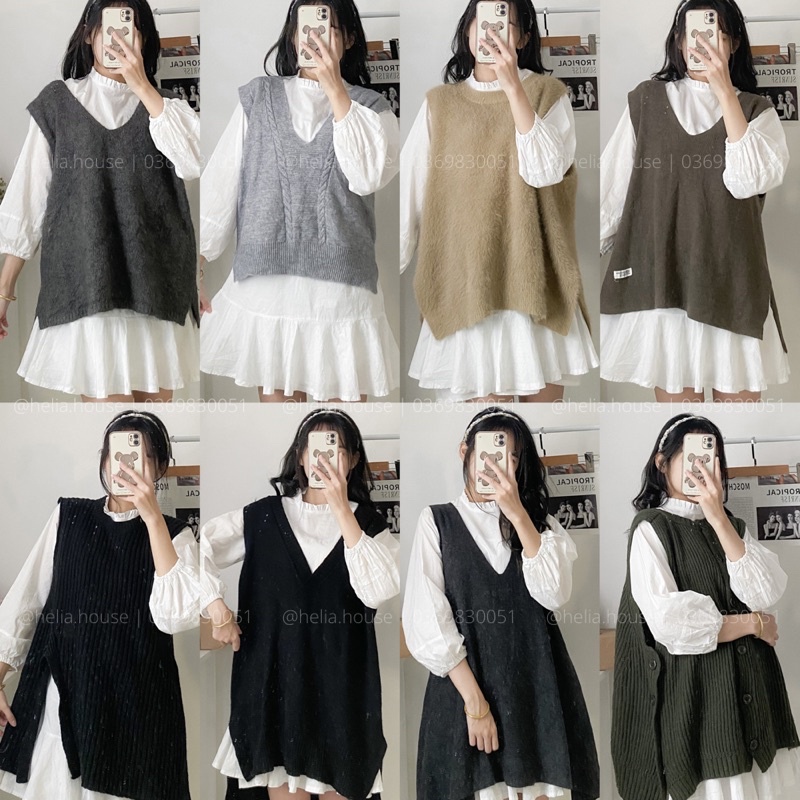 Áo len gile nữ trơn, form rộng vintage 2hand si tuyển - Helia House